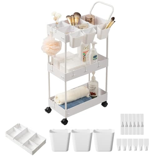 danpinera Slim Storage Cart, 3 Tier Slim Laundry Cart with Wheels Bathroom Cart Organizer with Hanging Cups Hooks Dividers Handle Mobile Rolling Art Cart for Bathroom Kitchen Narrow Places, White