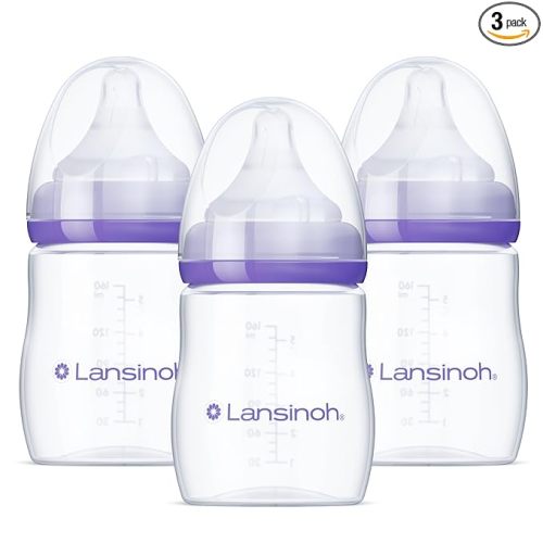 Lansinoh Anti-Colic Baby Bottles, BPA-Free Plastic, 5 Ounces, 3 Count, Slow Flow Nipples (Size S), Breastfeeding Bottle with NaturalWave Design