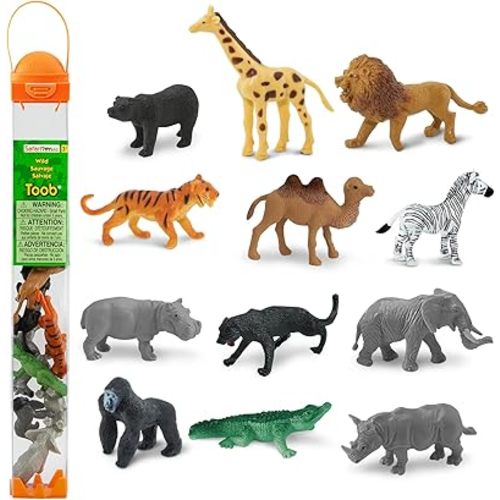 Safari Ltd. Wild TOOB - 12 Mini Figurines: Giraffe, Bear, Tiger, Camel, Lion, Crocodile, Gorilla, Hippo, Rhino, Zebra, Panther, Elephant - Educational Toy Figures For Boys, Girls & Kids Ages 3+