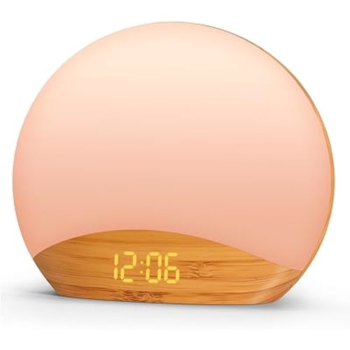 REACHER Wood Grain Sunrise Alarm Clock and Sound Machine Nightlight, Digital Dimmable Clock for Bedroom, 26 Sleep Sounds, White Noise Machine for Baby, Adults, Wake Up Light Alarm Clock for Kids