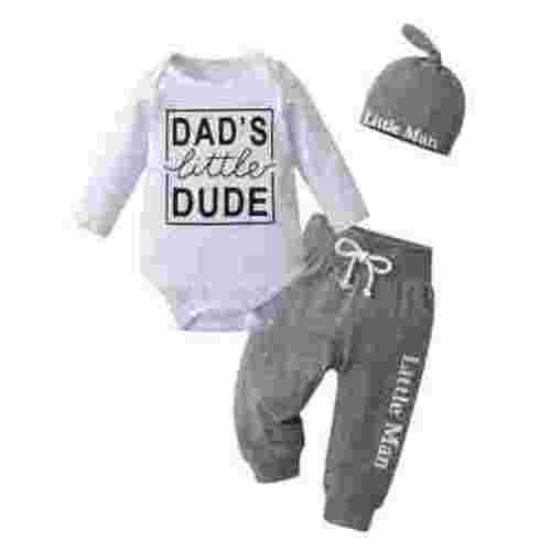 Newborn Baby Boy Clothes Letter Long Sleeve Romper + Pants + Hat 3PCS Outfits Set White & Grey 0-3 Months