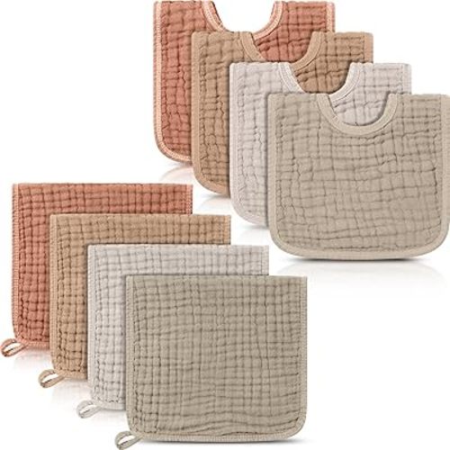 Tallew 8 Pack Muslin Burp Cloths and Baby Bibs for Boy Girl 20" x 10" Cotton Baby Bandana Drool Bibs Muslin Burp Cloths Absorbent Rag for Newborn Toddler Infant Gifts(Brown Series)