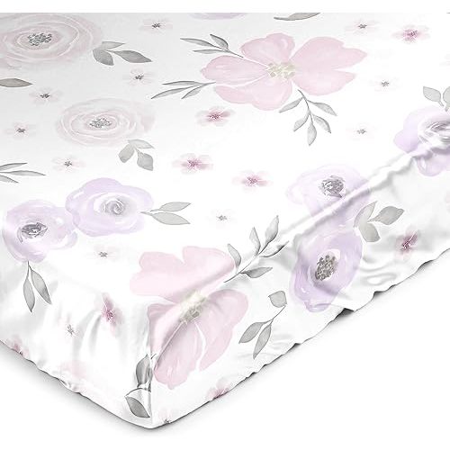 Sweet Jojo Designs Lavender Purple Boho Floral Girl Baby Satin Fitted Crib Sheet Infant Newborn Nursery Toddler Bed Room Standard Pink Grey Bohemian Farmhouse Shabby Chic Watercolor Flower Elegant