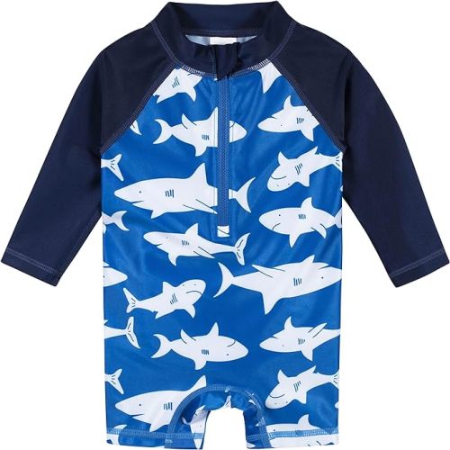 Gerber Boys' Toddler Long Sleeve One Piece Sun Protection Rashguard Swimsuit - 0-3 Months - Blue and White Sharks