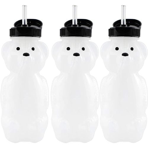 Cornucopia Brands Honey Bear Straw Cups (3-Pack); 8-Ounce Therapy Sippy Bottles w/Flexible Straws - Clear w/ Black Lids
