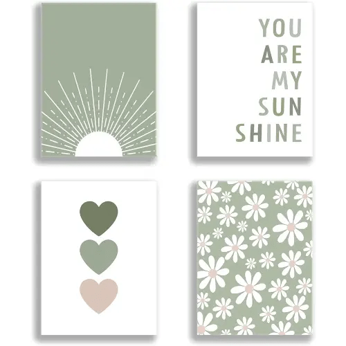 Aglcatie Boho Sage Green Wall Art Set of 4 You Are My Sunshine Canvas Prints Daisy Flower Painting Cute Heart Pattern Decor Baby Nursery Bohemian Pictures for Bedroom Kid Girls Room Framed 12x16in