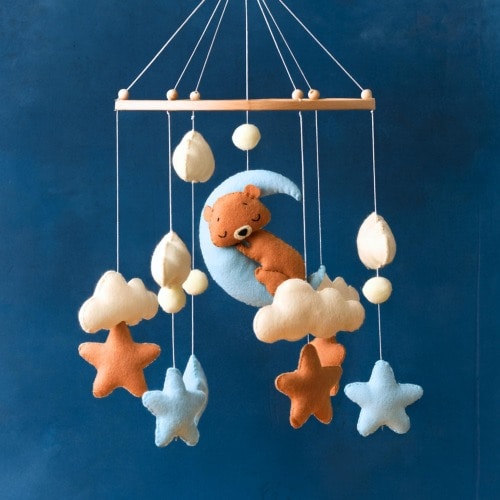 Bear Baby Mobile Boy, Cloud Crib Mobile, Nursery Mobile Baby, Woodland Baby Mobile, Cot Mobile, Baby Nursery Room Decor, Crochet Mobile
