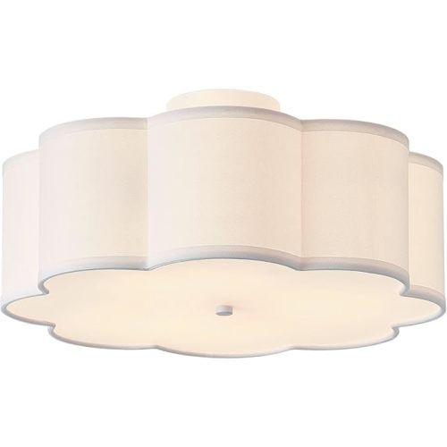 17.7" Semi Flush Mount Ceiling Light Fixture, 3-Light Modern Close to Ceiling Light with Fabric Flower-Shaped Shade, Light Fixtures Ceiling Mount for Bedroom Nursery(White)