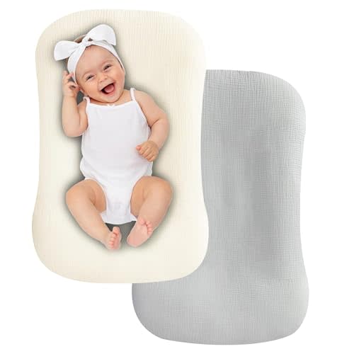 UBBCARE 2 Packs Muslin Baby Lounger Cover, Baby Nest Sleeper Cover for Baby Boys and Girls, Washable Slipcover Fit Infant Lounger, Organic Lounger Cover for Newborn - Beige&Grey