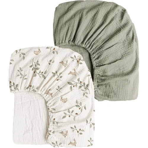 Konssy Muslin Crib Sheets 2 PCS, 100% Cotton Baby Crib Sheets for Standard Crib Mattress (28"x 52"), Soft and Breathable for Boys, Girls (Rabbit,Fog Green)