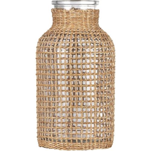 WHJY Boho Glass Vase, Rattan Vase, Farmhouse Rattan Décor, Round Flower Vase Basket Vase for Floral Arrangements -8 inch
