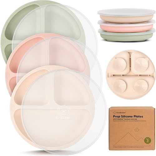 KeaBabies Suction Plates with Lids for Baby - 3-Pack 100% Silicone Suction Plates for Baby, Kids,Toddler Plates,Divided Baby Plates with Suction,Lids, BPA-Free, Microwave, Dishwasher Safe (Macaron)