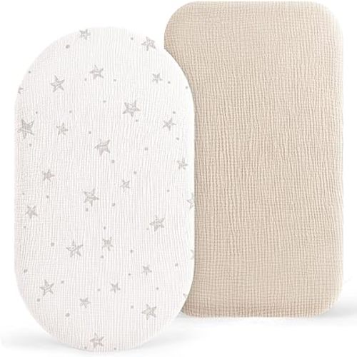 Bearmoss Bassinet Sheets - 2 Pack Muslin Cotton Bassinet Sheets Fits Oval and Rectangle Bassinet Mattress, Breathable and Skin-Friendly for Baby Boy and Girl (Light Gray&Sand)
