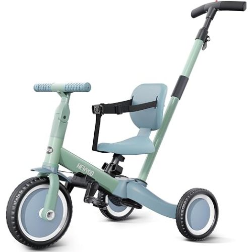 newyoo Toddler Tricycle with Push Handle for 1-3 Year Old, Toddler Bike, Birthday and Toy for Boys and Girls, 5 in 1 Kids Trike, Convert to Baby Balance Bike, Green, TR007