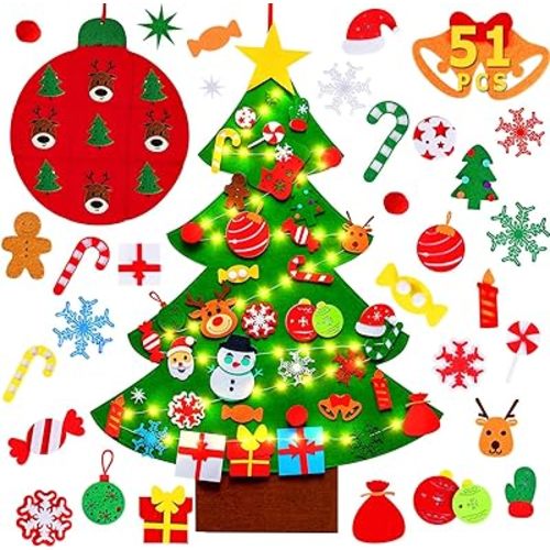 Max Fun DIY Felt Christmas Tree for Toddlers with 49 Christmas Ornaments + Tic-Tac-Toe Games for Kids Wall Hanging Christmas Decorations Felt Craft Kits for Xmas Party Favors