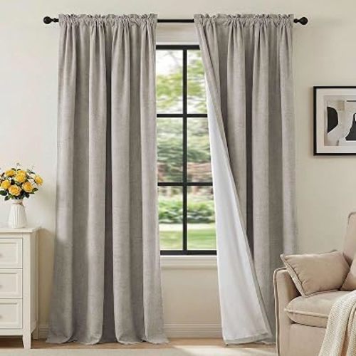 H.VERSAILTEX Linen Look 100% Blackout Curtains 84 Inches Long for Bedroom Full Light Blocking Rod Pocket Linen Textured Thick Window Curtain Drapes with White Backing, Stone, 2 Panels