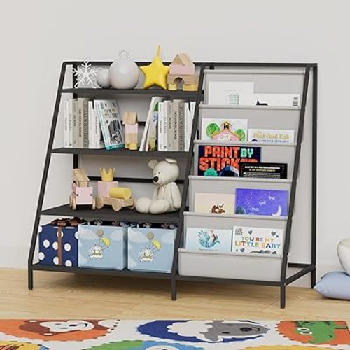 NACHES Montessori Kids Bookshelf and Toys Organizer 4 Tier Metal Childrens Bookcase Toddler Multi Functional Book Rack Display Storage Shelves for Nursery, Bedroom, Play Room, Black