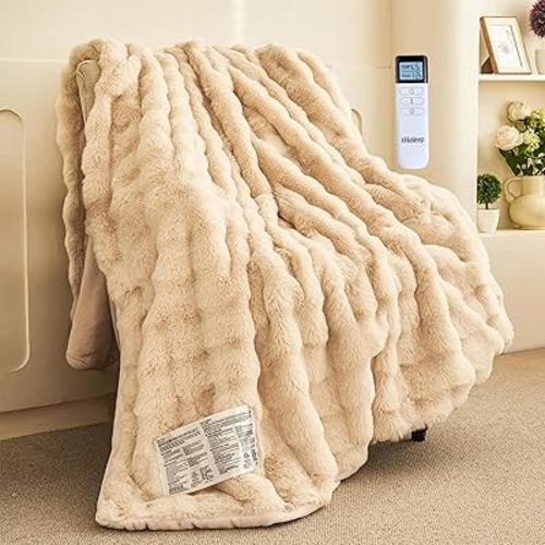 Thick Bubble Faux Fur Heated Blanket Electric Blanket 50"x60", Soft Faux Rabbit Fur with Remote Controller, Overheat Protection, 12 Time Settings, 5 Heating Level, Machine Washable (Beige)