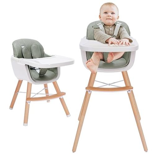 Mallify 3-in-1 Wooden High Chair, Convertible High Chairs for Babies and Toddlers, Baby Highchair with Adjustable Legs & Dishwasher-Safe Tray, Sleek Hardwood & Premium PU Cushion, Green