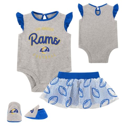 Newborn Los Angeles Rams Heather Gray All Dolled Up Three-Piece Bodysuit, Skirt & Booties Set