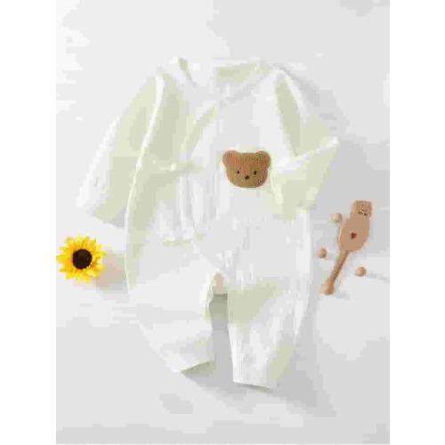 Somenie Newborn Baby Cotton Onesie, Cute Bear Patched Casual Long Sleeve Bodysuit, Toddler & Infant Girl's Comfortable Clothing(White)
