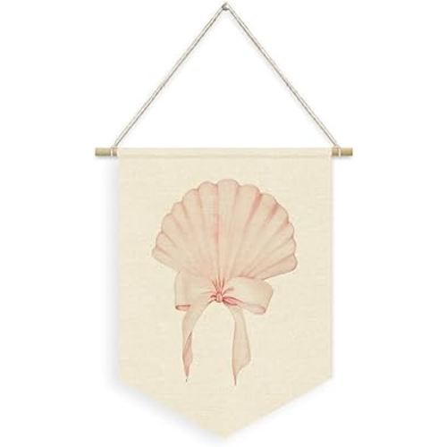 Coastal Wall Decor,Beachy Room Decor,Beachy Room Decor Aesthetic Pink Seashell Coastal Cowgirl Pennant Flag Banner,Coquette Seashell Wall Hanging Linen Banner,Surfer Girl Wall Art