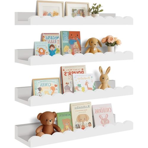 Yirilan 4-Pack Scalloped Shelves, Nursery Shelves for Wall, Floating Nursery Book Shelves for Kids, White