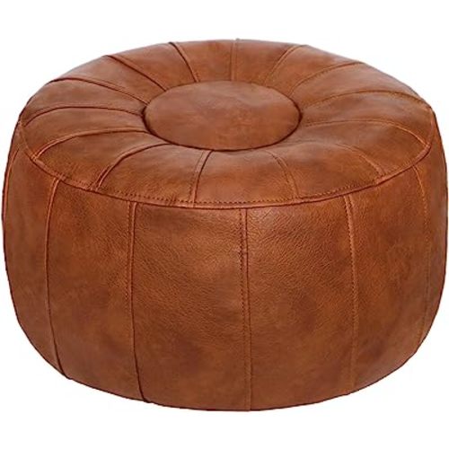 Thgonwid Unstuffed Handmade Moroccan Round Pouf Foot Stool Ottoman Seat Faux Leather Large Storage Bean Bag Floor Chair Foot Rest for Living Room, Bedroom or Wedding Gifts (Light Brown)