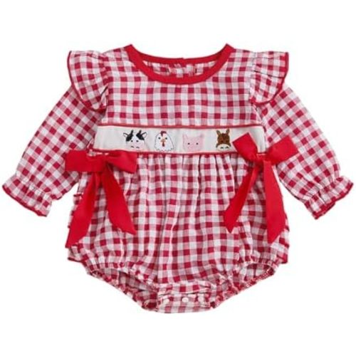 Newborn Infant Baby Girl Plaid Romper Farm Animal Embroidery Ruffle Long Sleeve Bow Bubble Bodysuit Fall Clothes