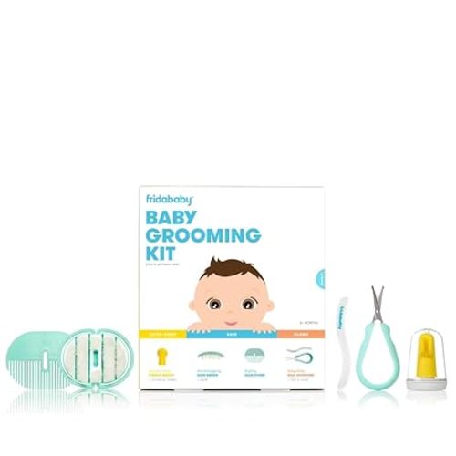 Frida Baby Grooming Kit | Baby Essentials Gift Set Includes Finger Brush with Storage Stand, Hair Brush with Case, Styling Hair Comb, Easy Grip Nail Scissors with Nail File and Case