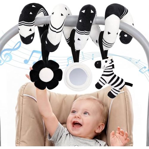 URMYWO Spiral Car Seat Baby Toys 0-6 Months, High Contrast Black and White Sensory Toys for Newborn, Infant Hanging Stroller Toy with Zebra Rattle, Squeaky Flower & Mirror, Shower Gift Essentials