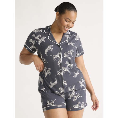 Joyspun Women’s Dreamy Soft Collection Short Sleeve Knit Notch Collar Top and Shorts Pajama Set, 2-Piece, Sizes XS-3X