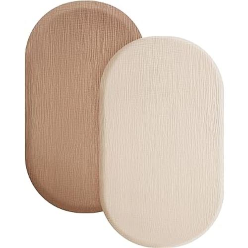Konssy 2 Pack Muslin Fitted Bassinet Sheets for Baby Girl Boy, Soft Breathable Baby Bassinet Sheets Fit for Baby Bassinets, Cradle, Moses Basket Oval Rectangle Pad/Mattress (Brown,Summer Wheat)