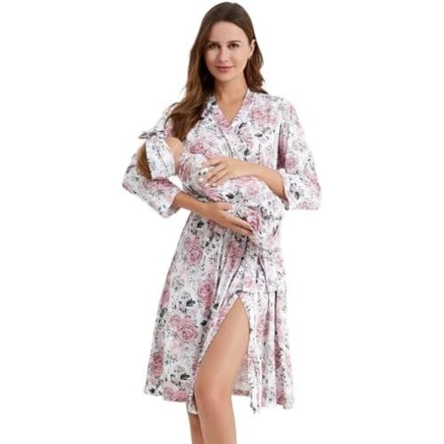 Galabloomer Vintage Maternity Robe and Baby Receiving Blanket, Matching Mommy Labor Delivery Robe and Swaddle Set