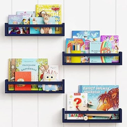 Forbena Navy Blue Floating Book Shelves for Nursery Boy, Decorative Wall Bookshelf for Kids Room, Small Wood Floating Shelves Wall Mounted for Boys Bedroom Bathroom (Set of 4, Blue)
