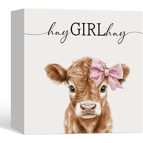 Highland Cow Gift Wood Box Signs, Hay Girl Hay Coquette Pink Bow Highland Cow Wooden Sign Decorations for Girls Room Nursery Desk Table Shelf Tabletop, 5x5 Inches