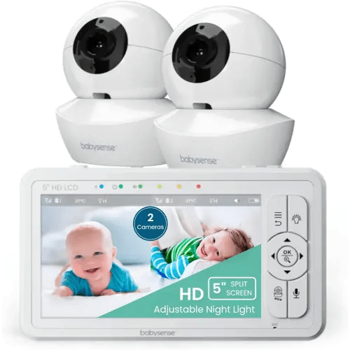 Babysense 5" HD Split-Screen Baby Monitor, Video Baby Monitor with 2 Cameras and Audio, Night Light, 960ft Range, Two-Way Audio, 4X Zoom, Night Vision, 4000mAh Battery