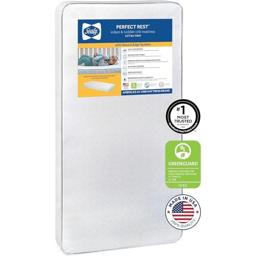 Sealy Baby Perfect Rest Waterproof Crib Mattress plus Toddler Bed Fit, Premium 150 Extra Firm Coils, Non Toxic, Airy Cushioning, GREENGUARD Gold Certified, Safety & Quality Tested, Made in USA, 52X28"
