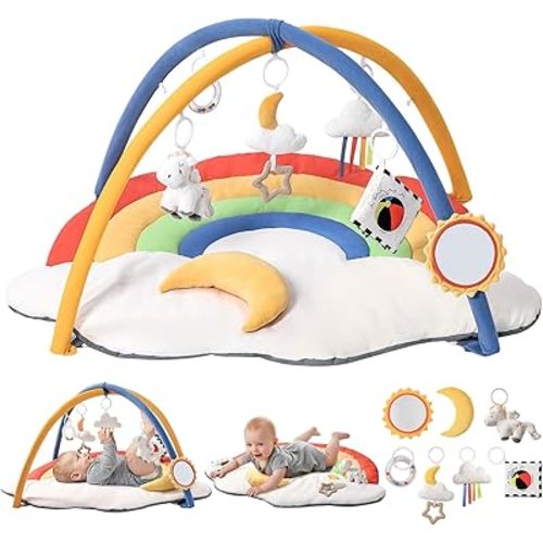 Baby Gym Play Mat with 6 Detachable Toys, Tummy Time Mat for Floor, Promote Motor Skills & Sensory Development Mat for Infant, Washable Baby Activity Mat, Easy to Install, Baby Essentials Gift-Rainbow
