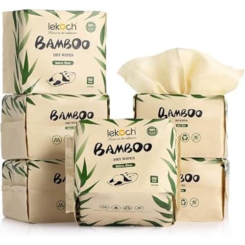 LEKOCH Bamboo Dry Wipes - 100% Biodegradable & Hypoallergenic | Makeup Remover & Baby Wipes | 6 Packs (300 Count, 8x8 Inches) | Ultra Soft for Wet/Dry Use