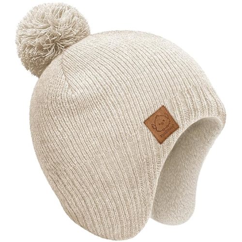 Baby Beanie Winter Hat 6-36 Months - Cute Pom Winter Baby Hats with Earflaps, Soft & Stretchy Knit Toddler Beanies for Infant, Newborn 6-36 Months Boys, Girls, Cozy, Warm Fall Essentials (Cream, M)