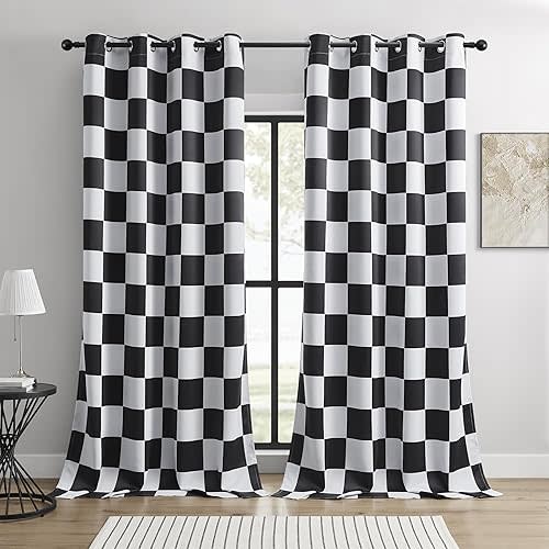 BOHOMOCASA 100% Blackout Curtains – Black and White Checkered Race Flag Pattern, 2 Panels, Each W52×L84, Thermal Insulated, Nosie Reducing for Bedroom, Living Room, Race car Drapes