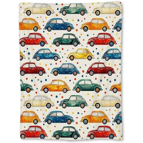 Colorful Vintage Cars Blanket, Soft Flannel Throw Blanket for Couch, Bed, Travel, Living Room & Home Decor, Cozy Lightweight Warm Fluffy Fuzzy Blankets for Adults Kids Women 60×50 in