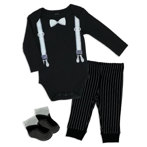 Baby Boys 3 Piece Suspender Bodysuit, Pants And Socks Set