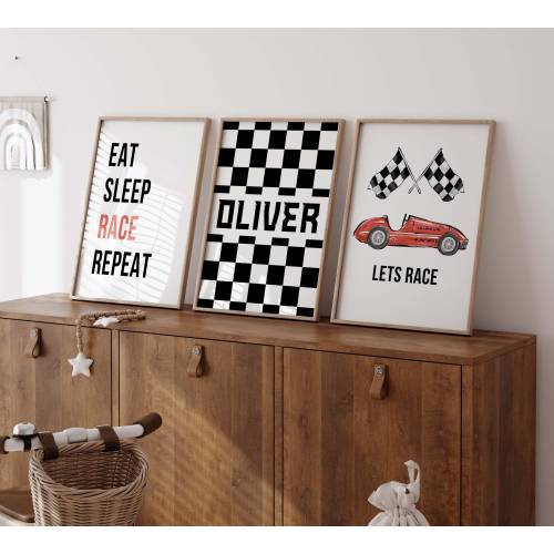 Personalised Racing Car Wall Art Set of 3, Toddler Room Decor, Boys Bedroom Prints, Checkered Flag Artwork, Racing Theme, Unframed Prints