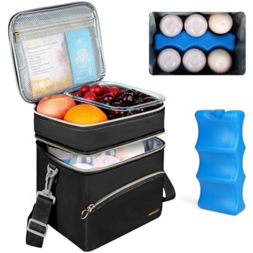 Breastmilk Cooler Bag with Ice Pack, Insulated Baby Bottle Tote Bags Fits 6 Bottles Up to 9 Ounce, Double Layer Breastmilk Travel Carrying Case for Nursing & Working Mom,Black