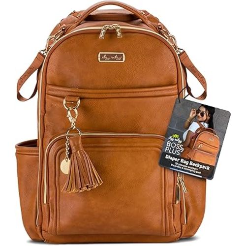 Itzy Ritzy Diaper Bag Backpack – Large Capacity Boss Plus Baby Backpack Diaper Bag Featuring 19 Pockets, Changing Pad, Stroller Clips, and Comfortable Backpack Straps, Cognac