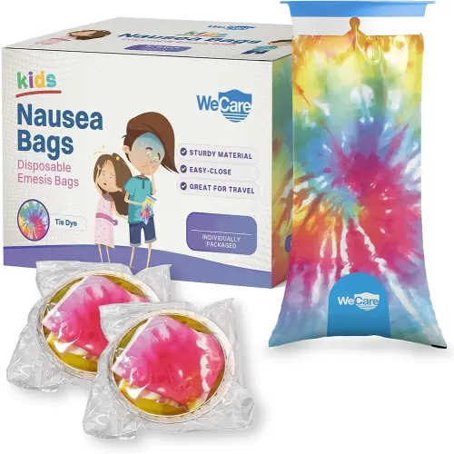 Kids Vomit Bags Disposable 20 Pack - Individually Wrapped Barf Bags with Cute Tie Dye Print - Leak Proof Self Sealing Emesis Bags for Motion Car Sickness and Nausea - Ideal for Taxis, Airplane Travel