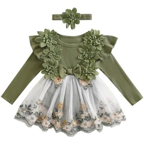 Douhoow Baby Girl Romper Dress Embroidery Lace Flowers Baby Dress Romper Fall Winter Festival Clothes with Headband