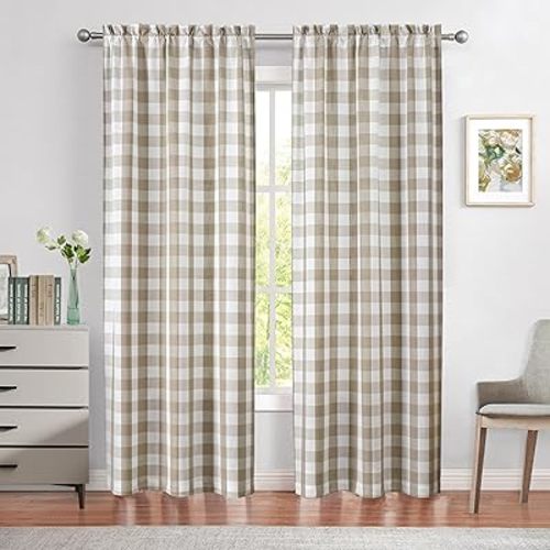 Beige Buffalo Plaid Check Curtain Panels 84 inch Length, Tan Buffalo Gingham Rustic Farmhouse Style Rod Pocket Window Drapes Treatment, for Bedroom & Living Room, 2 Panels, 40 x 84 inch, Linen